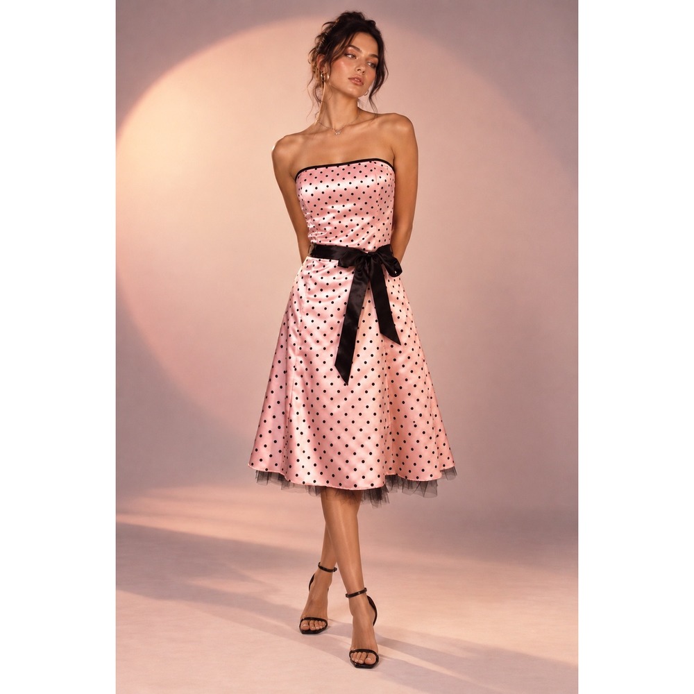 Jessica McClintock Dress Womens 7 Pink Brown Polka Dot Strapless Satin Y2K Twee